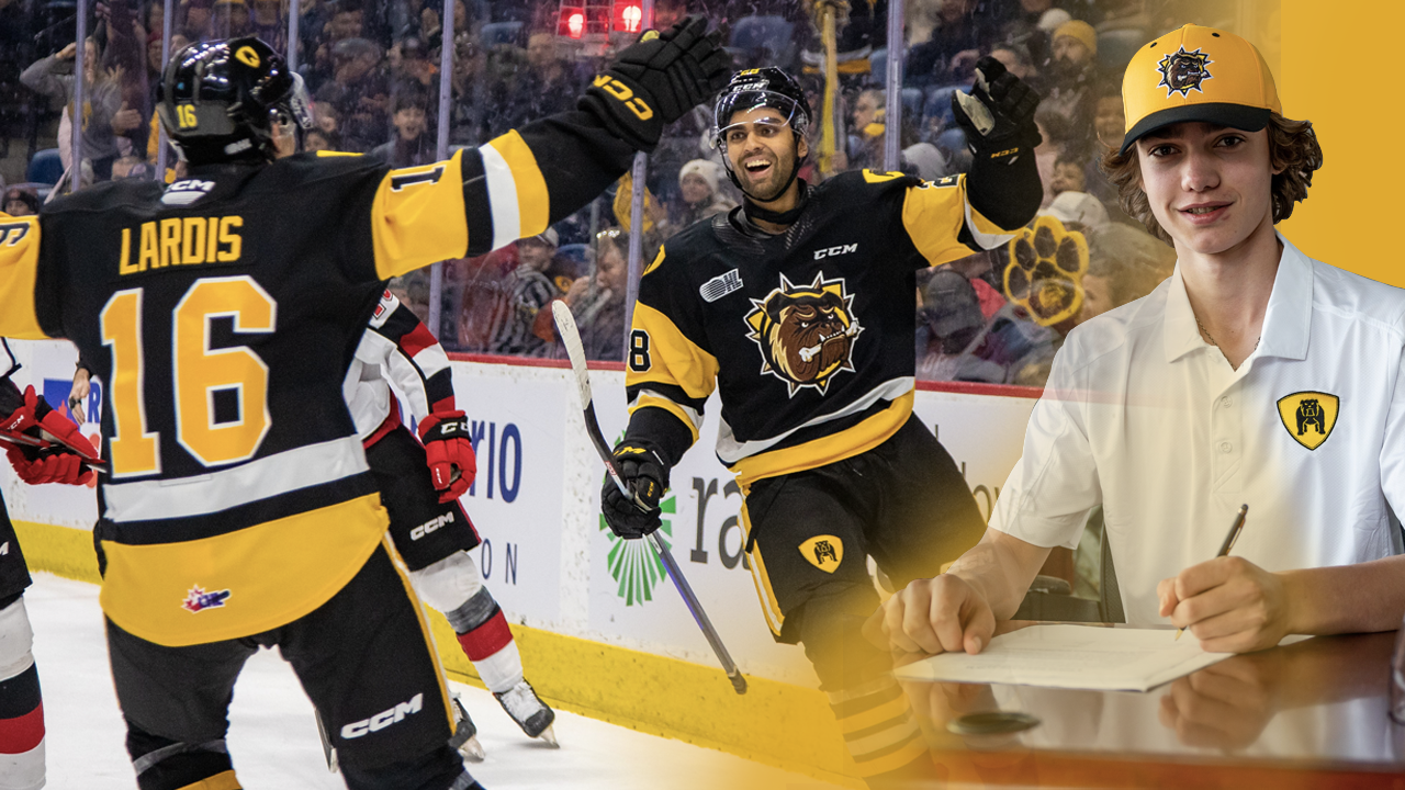 Nick Lardis, Sahil Panwar, and Jake O'Brien, of the Brantford Bulldogs